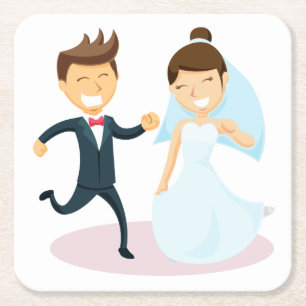 Cartoon Braut & Groom Dancing Hochzeit nur verheir Rechteckiger Pappuntersetzer