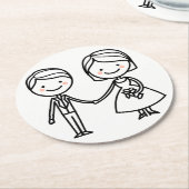 Cartoon Braut & Groom Schwarz und Weiß Hochzeit Runder Pappuntersetzer (Angewinkelt)