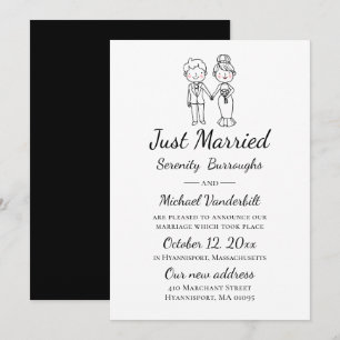 Cartoon Bride Groom Black Just Married Wedding Ankündigung