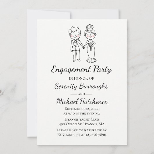 Cartoon Bride Groom Black Wedding Party Einladung (Vorderseite)