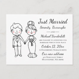 Cartoon Bride Groom Just Married Wedding Ankündigungspostkarte