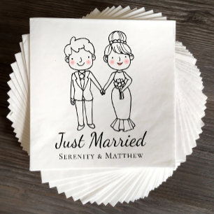 Cartoon Bride Groom Just Married Wedding Napkins Serviette