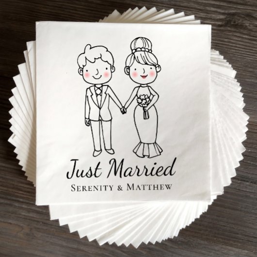 Cartoon Bride Groom Just Married Wedding Napkins Serviette