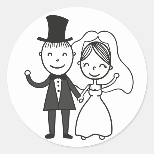 Cartoon Bride & Groom Just Married Wedding Runder Aufkleber (Vorderseite)