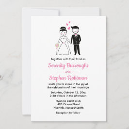 Cartoon Bride Groom Pink Black Vintage Hochzeit Einladung