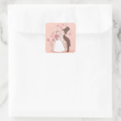 Cartoon Bride & Groom Pink Hochzeitsticker Quadratischer Aufkleber (Tasche)