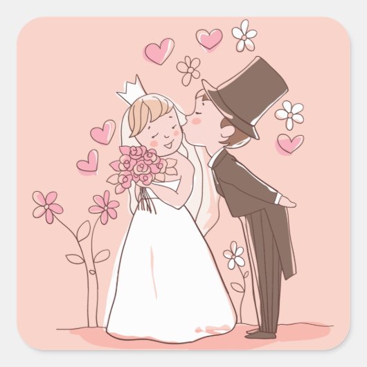 Cartoon Bride & Groom Pink Hochzeitsticker Quadratischer Aufkleber (Vorderseite)