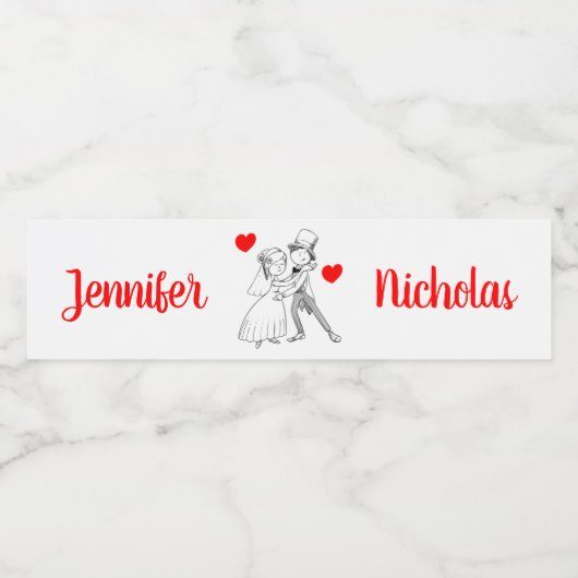 Cartoon Bride Groom Red Black Wedding Just Married Wasserflaschenetikett (Einzelnes Label)