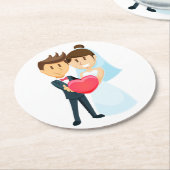 Cartoon Bride & Groom Red Heart Wedding Runder Pappuntersetzer (Angewinkelt)