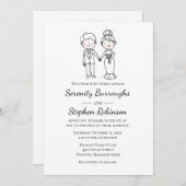Cartoon Bride Groom Schwarz-weiß Whimsical Wedding Einladung (Vorne/Hinten)