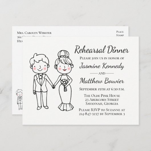 Cartoon Bride Groom Schwarz-weiße Hochzeitsstiftun Einladungspostkarte (Vorne/Hinten)