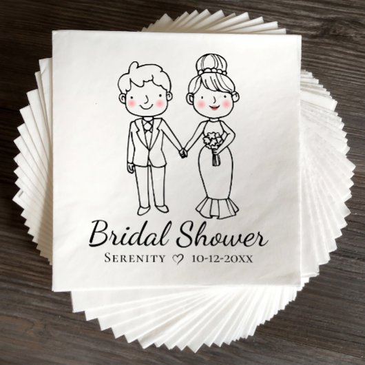 Cartoon Bride Groom Schwarz-weißes Brautparty Serviette