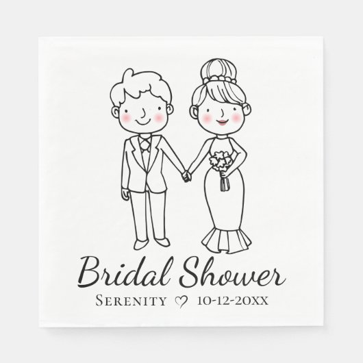 Cartoon Bride Groom Schwarz-weißes Brautparty Serviette (Vorderseite)