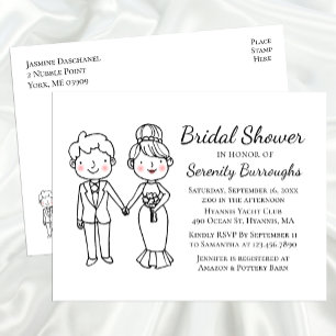 Cartoon Bride Groom Whimsical Brautparty Einladungspostkarte