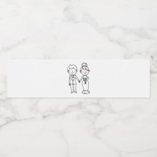 Cartoon Bride Groom Whimsical Schwarz-weiß Wedding Wasserflaschenetikett (Einzelnes Label)