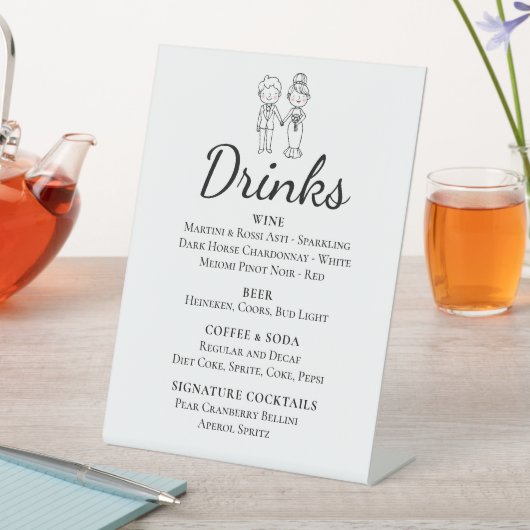 Cartoon Bride Groom Whimsical Wedding Drinks Bar Sockelschild (In Situ)