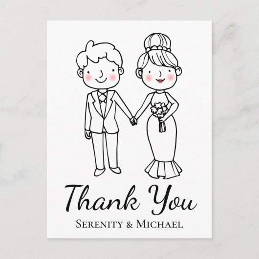 Cartoon Bride Groom Whimsical Wedding Vielen Dank Postkarte (Vorderseite)