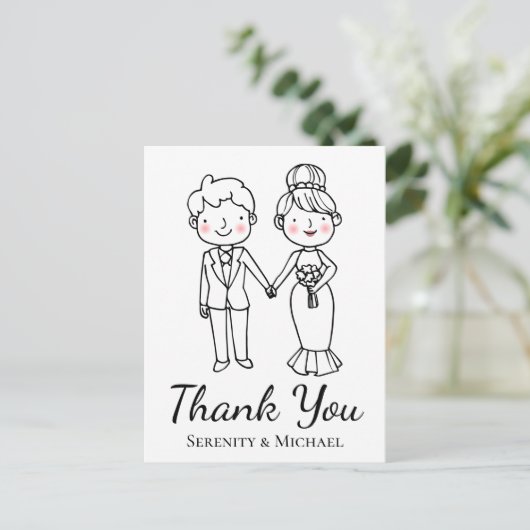 Cartoon Bride Groom Whimsical Wedding Vielen Dank Postkarte (Stehend Vorderseite)