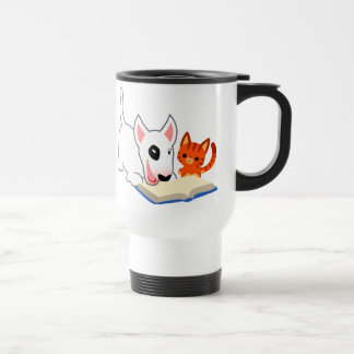 Cartoon Bullie und Kitty mit der Reisebecher