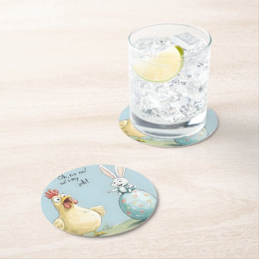 Cartoon Bunny Chick Egg Osterspass Runder Pappuntersetzer (Vor Ort)