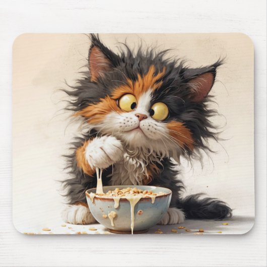 Cartoon Calico Cat mit Frühstück Mousepad (Vorne)