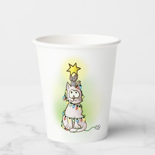 Cartoon Cat and Mouse Making a Christmas Tree Pappbecher (Vorderseite)