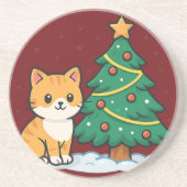 Cartoon Cat by Christmas Tree Snowy Sticker Getränkeuntersetzer (Vorne)