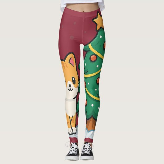 Cartoon Cat by Christmas Tree Snowy Sticker Leggings (Vorderseite)