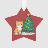 Cartoon Cat by Christmas Tree Snowy Sticker Ornament (Vorderseite)
