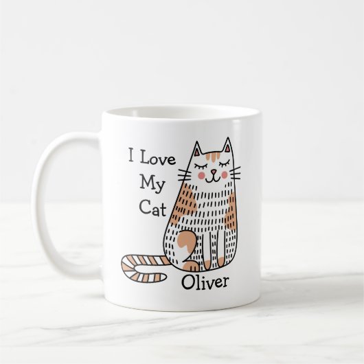 Cartoon Cat in Doodle Art Style Anpassbarer Name Kaffeetasse (Links)