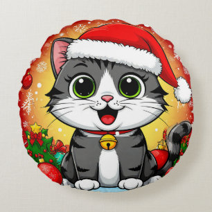 Cartoon Cat in Weihnachtsmannmütze mit Weihnachtsd Rundes Kissen