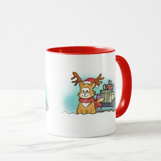 Cartoon Cat mit Rentierhut und Sleigh Weihnachten Tasse (VorderseiteRechts)
