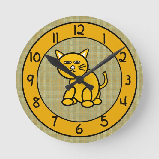 Cartoon Cat on Niedlich Gold Clock für Kinder Runde Wanduhr (Vorderseite)