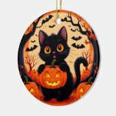 Cartoon Cat und Pumpkins unter Vollmond Keramik Ornament (Links)