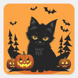 Cartoon Cat und Pumpkins unter Vollmond Quadratischer Aufkleber