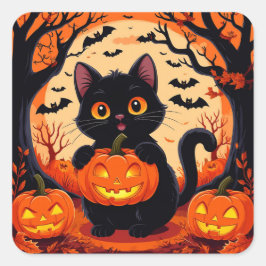 Cartoon Cat und Pumpkins unter Vollmond Quadratischer Aufkleber