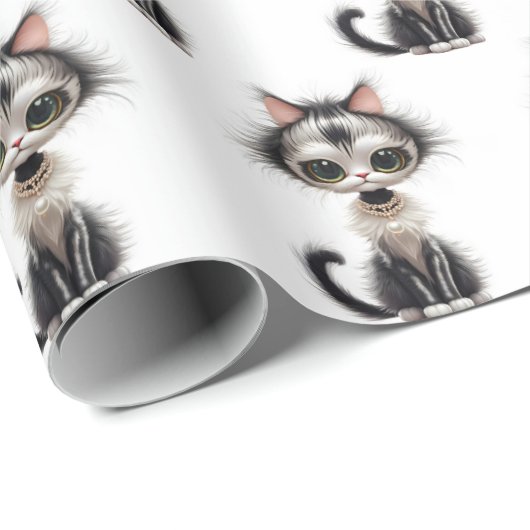 Cartoon Cat with Pearl Necklace Geschenkpapier (Rolleneckpunkt)