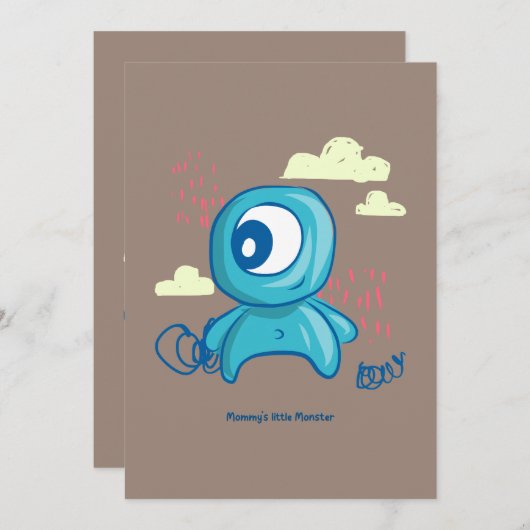 Cartoon Character Hand Drawn Blue Monster Art Einladung (Vorne/Hinten)