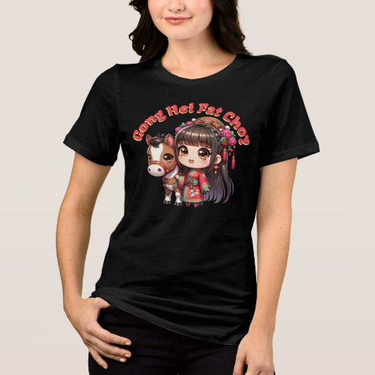 Cartoon Chinesisches Neujahr Pferd und Mädchen Tri-Blend Shirt (Vorderseite)