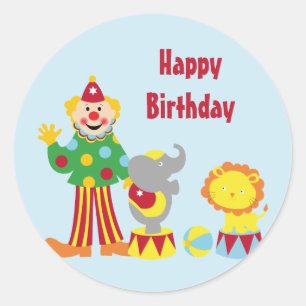 Cartoon Circus Clown und Tiere Geburtstagsaufklebe Runder Aufkleber