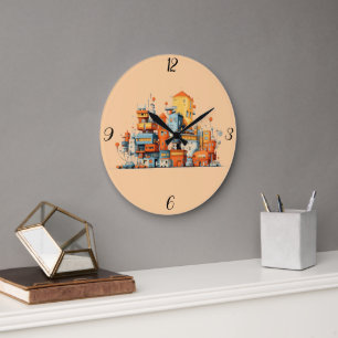 Cartoon City farbenfrohe urbane Uhr Peach Hintergr
