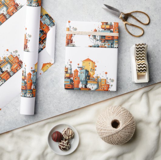 Cartoon City Skyline Wrapping Paper - animiert Geschenkpapier (Kunsthandwerk)
