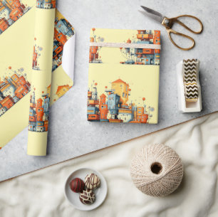 Cartoon City Wrapping Paper - PlayGelbe Stadt Geschenkpapier
