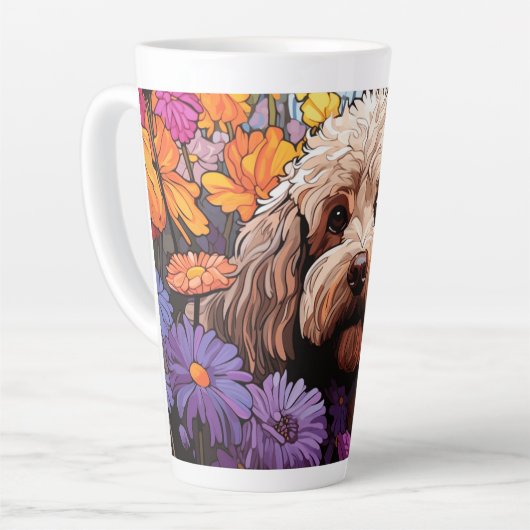 Cartoon Cockapoo im Garten Latte Tasse (Linke Ecke)