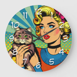 Cartoon-Comic-Pop-Art-Frau hält Katze Große Wanduhr