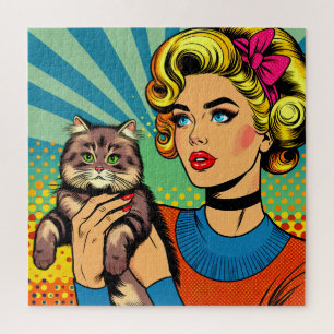 Cartoon-Comic-Pop-Art-Frau hält Katze Puzzle