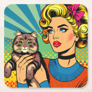 Cartoon-Comic-Pop-Art-Frauen mit Katze Rechteckiger Pappuntersetzer