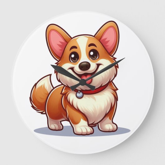 Cartoon Corgi Große Wanduhr (Vorderseite)