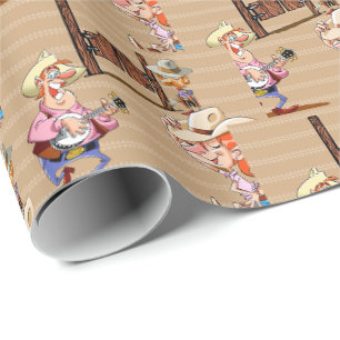 Cartoon Country Bar Banjo Cowgirl Sherrif Geschenkpapier