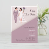 Cartoon Couple in Lila Wedding Save the Date Einladung (Stehend Vorderseite)